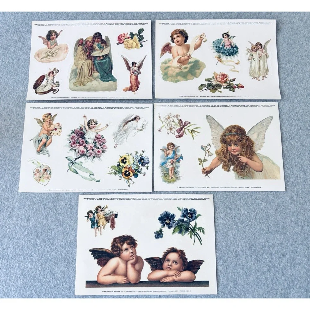 5 Sheet Window Decals Static Cling 1996 Creative Horizons Angels Cherubs Vintage